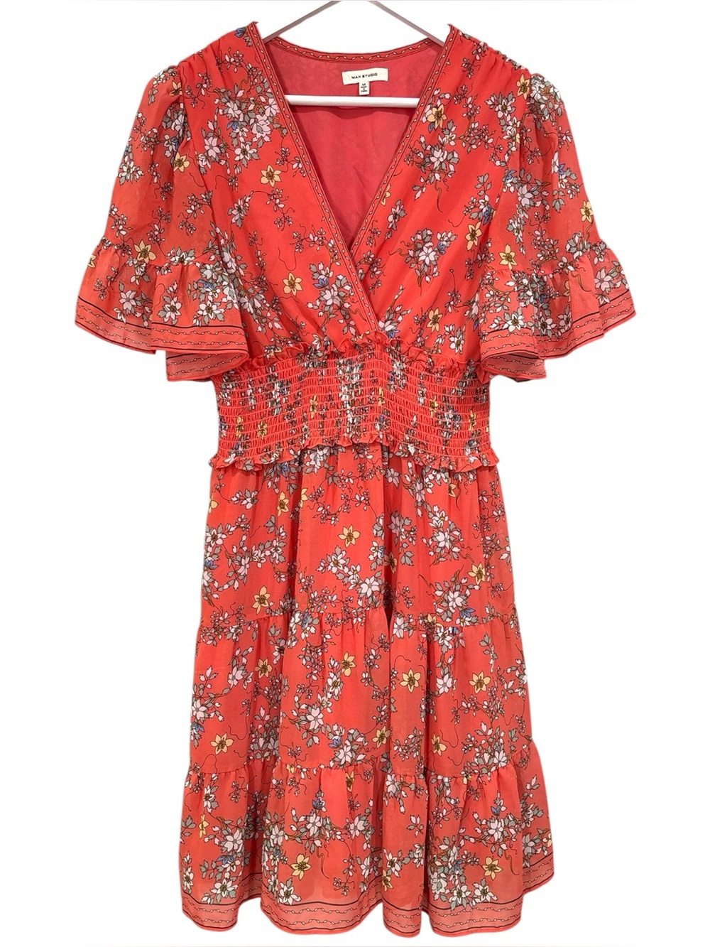 Max Studio Coral Floral Fit & Flare Flowy Boho Fall Dress Size Medium Womens